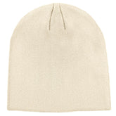 Front view of 100% cotton unisex beige beanie hat