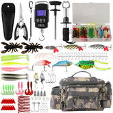 Front view of 113-piece fishing tool kit in camo