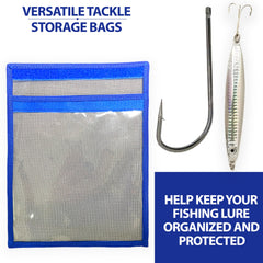 Folded blue trolling lure bag compact for transport