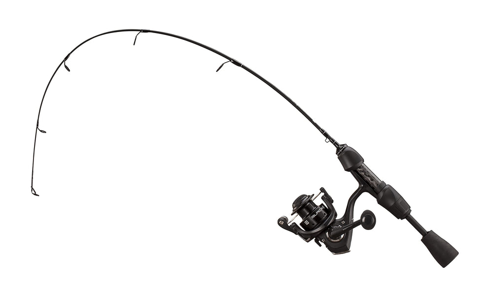 13 Fishing Blackout Ice Combo reel close-up highlighting instant anti-reverse for quick hooksets.