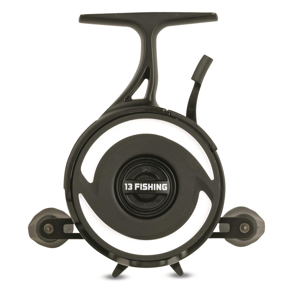 13 FISHING Freefall XL inline ice reel front view with durable graphite frame