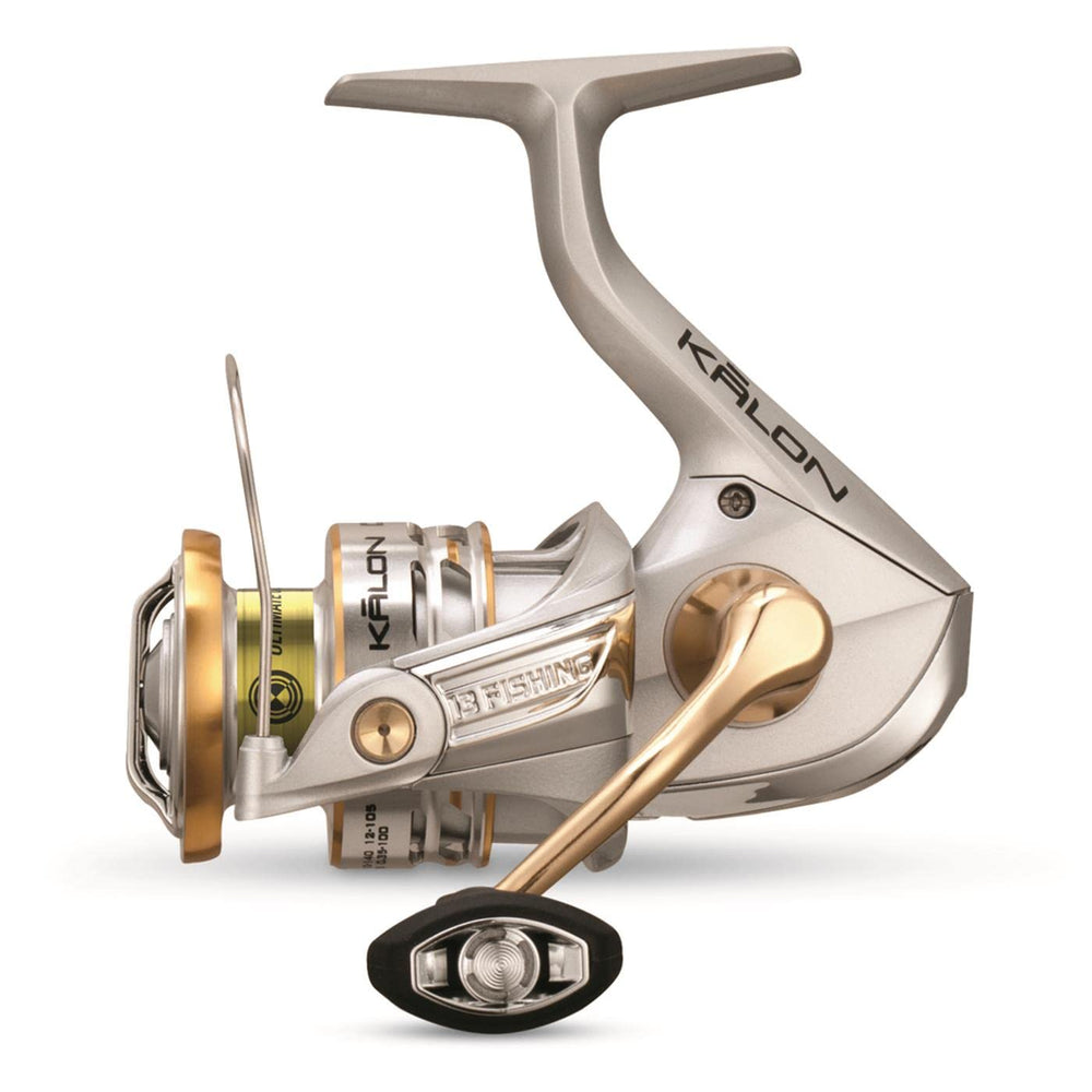 13 Fishing Kalon C spinning reel front view in silver-gold for salt and freshwater versatility