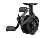 13 Fishing Descent Gen 2 inline ice reel in black, front view for compact winter setups.