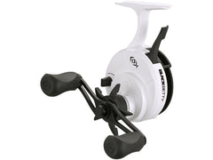 13 FISHING Freefall Ghost reel in hand for easy one-handed operation on ice