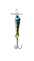 13 FISHING Jabber Blade bladed jigging spoon in Cosmic Perch enhances action for ice fishing.