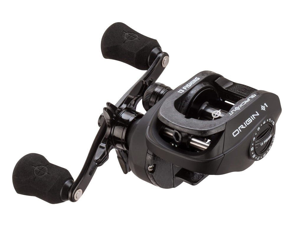 13 Fishing Origin O1 Blackout reel side view showing rugged black finish for tournament-ready handling