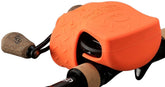13 FISHING Skull Cap baitcast reel cover in orange protects reels while rigged.