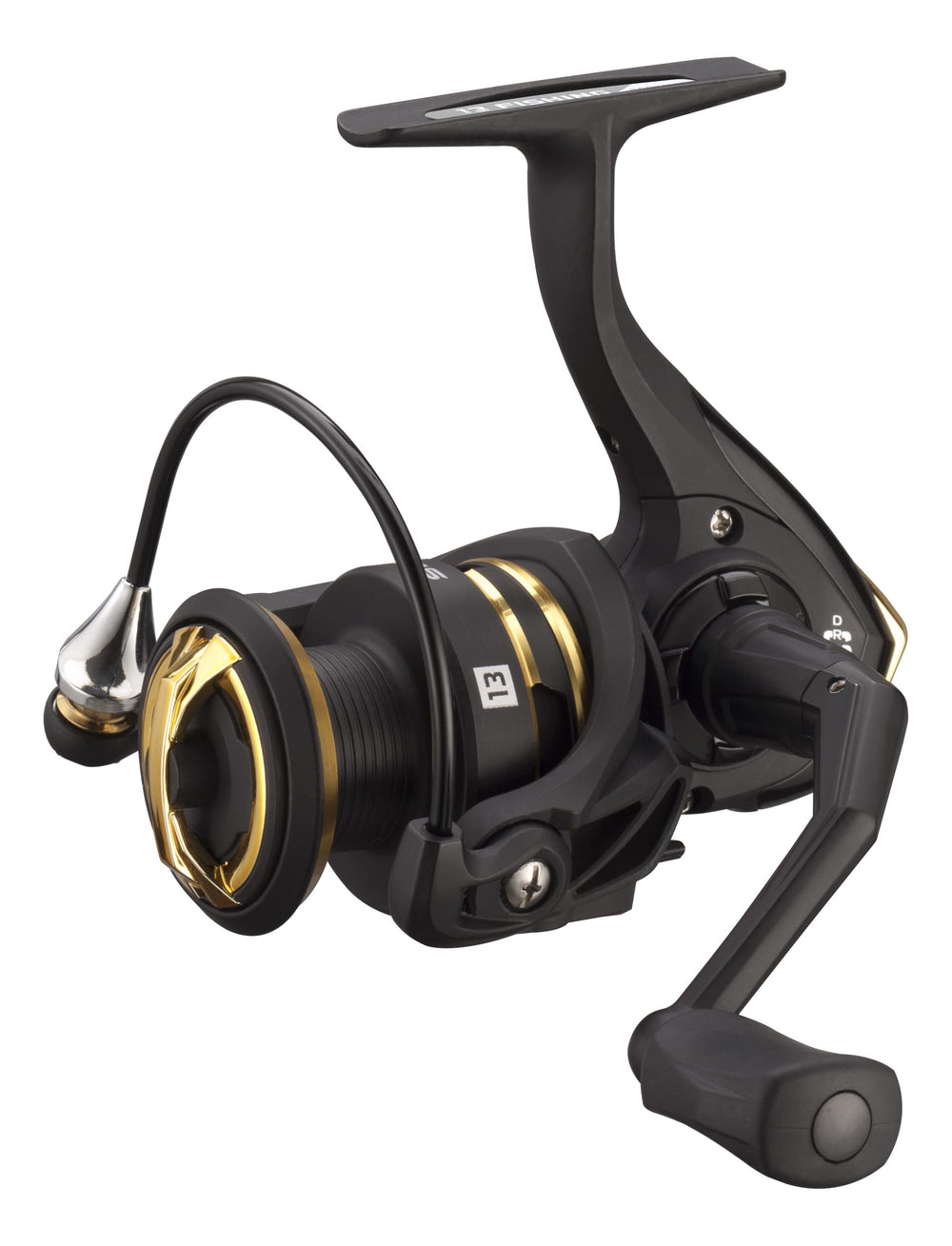 13 Fishing Source R spinning reel front view highlighting rugged HTS frame for durability.
