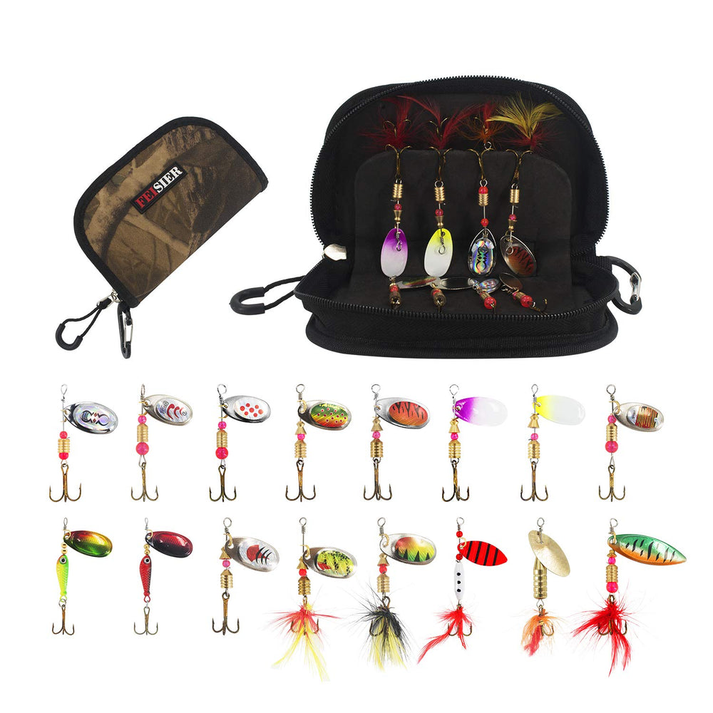 Sixteen-piece fishing lures set with spinner baits in a variety of colors