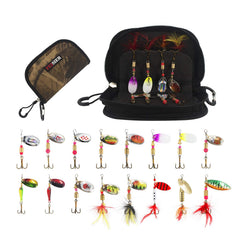 Sixteen-piece fishing lures set with spinner baits in a variety of colors