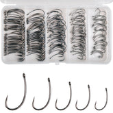 Assorted 175-piece barbless carp hooks in tackle box