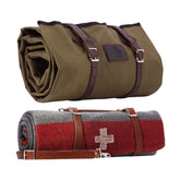 1844 Helko bedroll with olive straps detail showing rugged leather hardware for camping