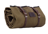 1844 Helko Werk Cowboy Bedroll olive exterior waxed canvas with leather straps for rugged camping