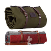 1844 Helko Werk waxed canvas bedroll with leather straps for rugged camping use.