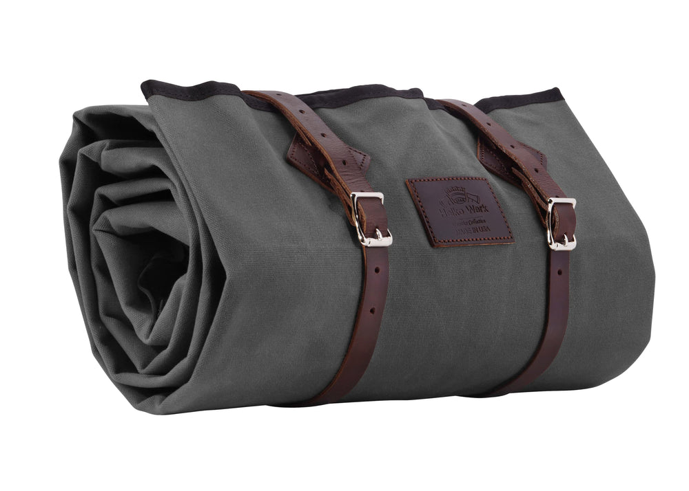 1844 Helko Werk Cowboy Bedroll in slate gray with leather straps for portable camping comfort