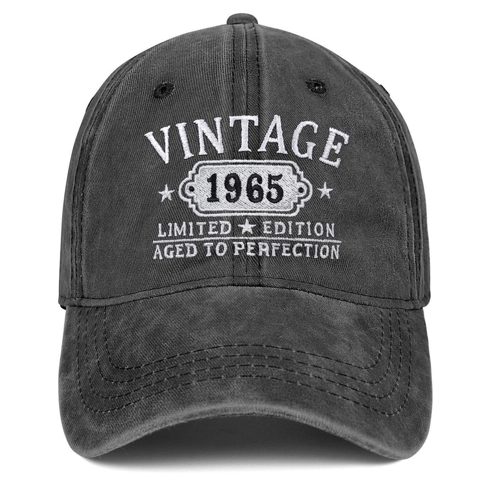 Front view of embroidered black 1965 hat for 60th birthday