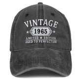 Front view of embroidered black 1965 hat for 60th birthday
