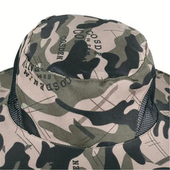 Side view showing the hat with extended mesh for face protection