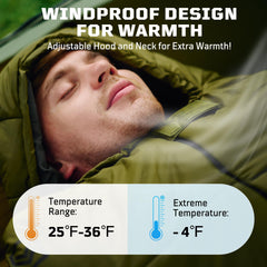 1TG Tactical sleeping bag with water-repellent shell protects against snow and splashes.