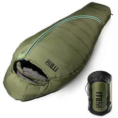 1TG Tactical sleeping bag with adjustable hood keeps you warm in cold camping nights.