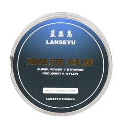 Close-up of 1x7 stainless steel strands in nylon-coated leader wire