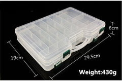 Open double-sided tackle box showing adjustable dividers