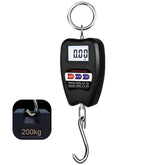 Front view of 200kg/440lbs digital hanging scale in black with LED display