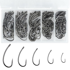 Box packaging of 200pcs barbless fishing hooks with five sizes