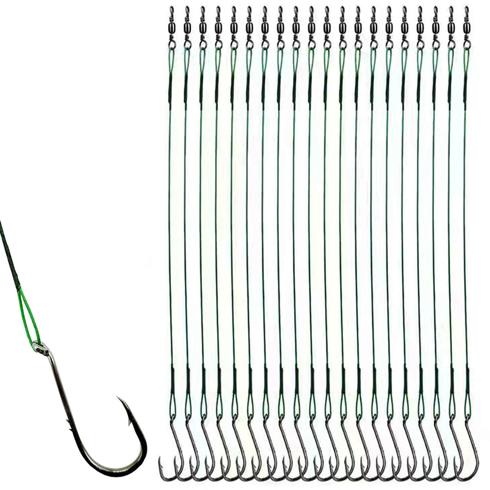 Close-up of 20pc bait holder octopus fishing hooks rigs with saltwater steel leader wire and 2 barb hooks, size 1/0, 10.9 inches