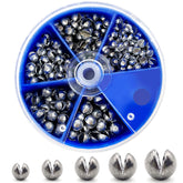 Blue round box containing 230 piece fishing weights sinkers set