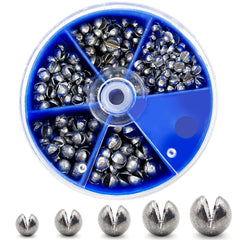 Blue round box containing 230 piece fishing weights sinkers set