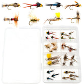 Open view of 26 fly assortment case showing variety of trout flies