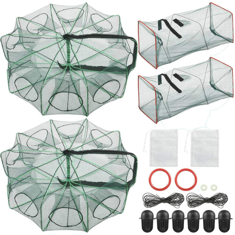 Two-piece fishing bait traps: round 10-hole trap and square trap with rope