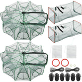 Two-piece fishing bait traps: round 10-hole trap and square trap with rope