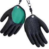 Two fishing gloves with magnet release showing anti-slip latex coating.