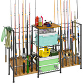 3-sided fishing rod rack holds up to 24 rods with wood top shelf