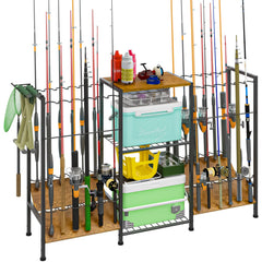 3-sided fishing rod rack holds up to 24 rods with wood top shelf
