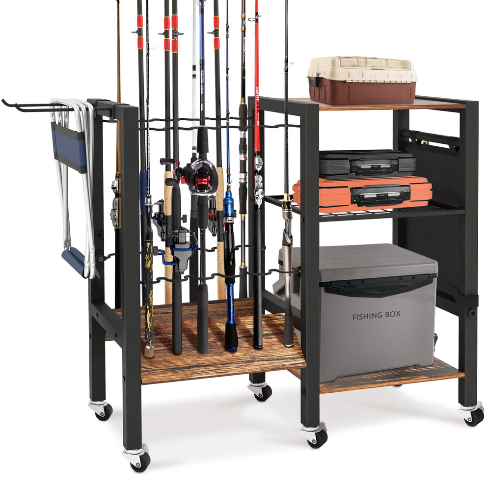 Three-tier fishing rod holder with 12-rod capacity in black stainless steel