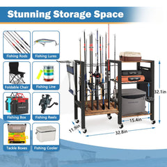 Side view of the 3-tier rod rack in a garage with rods stored