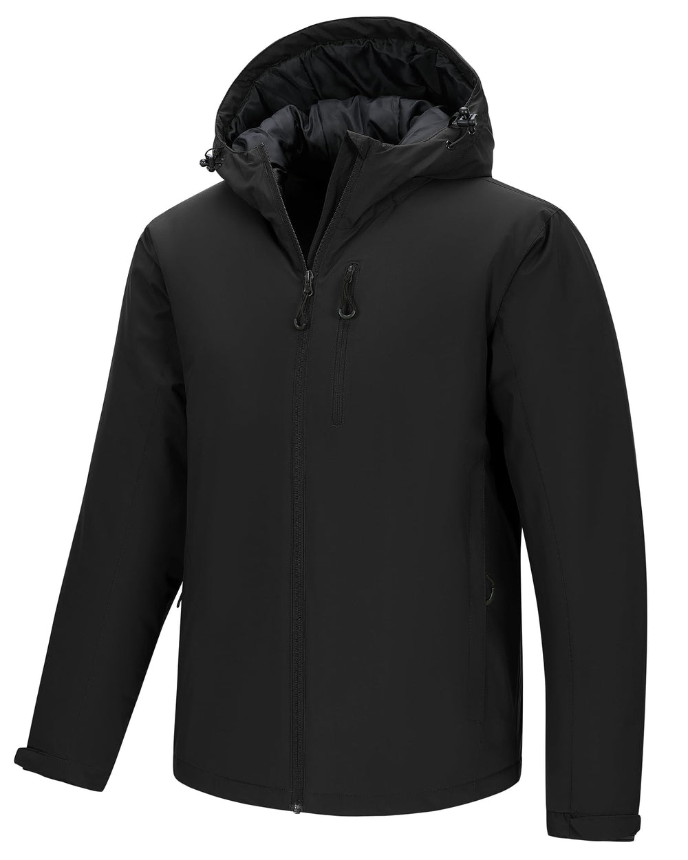 33000ft men's warm winter jacket hooded close-up shows water-resistant fabric for wet weather.