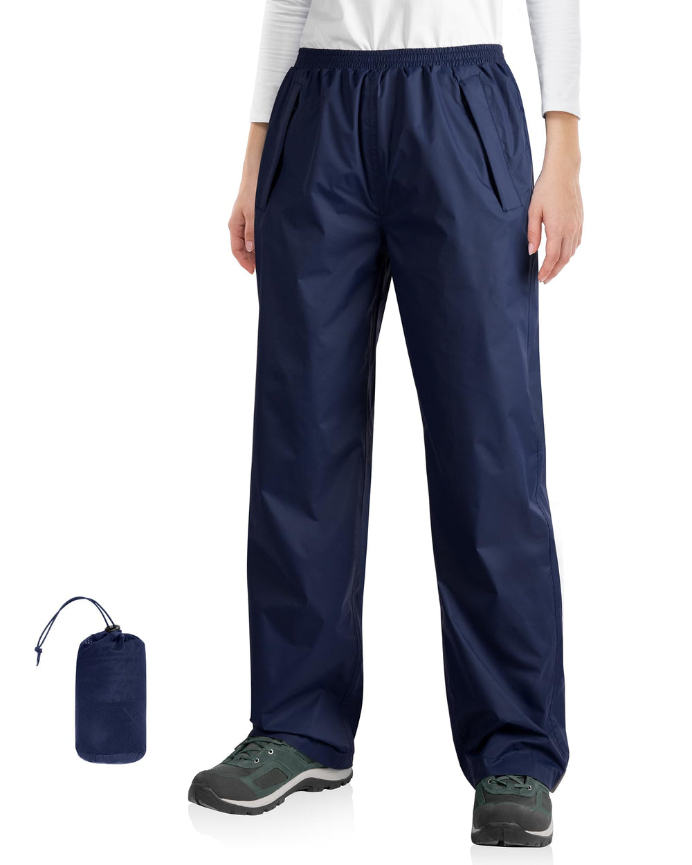 33,000ft women's navy rain pants front view showing lightweight waterproof fabric for travel