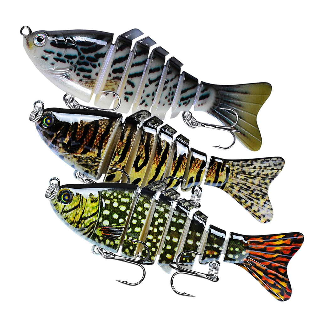 Three-pack realistic swimming wobble lures with jointed design for bass and pike