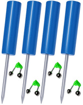 Blue reinforced PVC fishing rod holders standing in sand