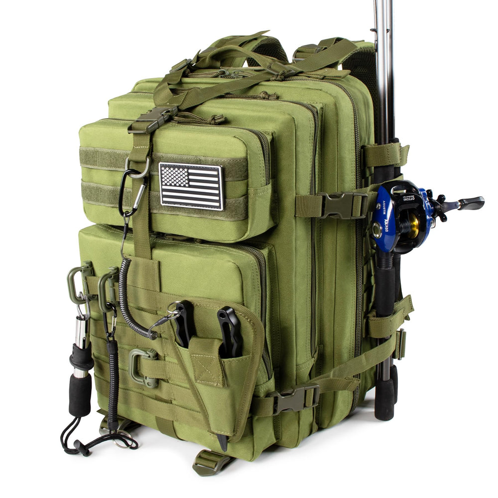 Front view of 45L fishing tackle backpack in green