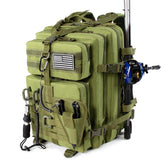 Front view of 45L fishing tackle backpack in green