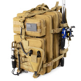 Khaki 45L fishing tackle backpack exterior view