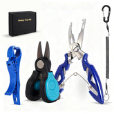 4-piece fishing tool kit including titanium-coated scissors, pliers, lip gripper and anti-loss lanyard