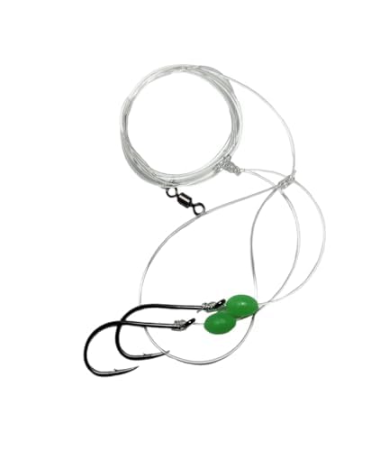 Five-pack hi-low rig octopus hooks 4/0 in green, USA made, on display