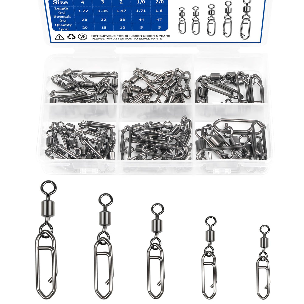 55-piece high-strength fishing swivels set with black nickel finish and storage case