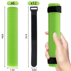 Close-up of bright green rod floats with hook-and-loop straps